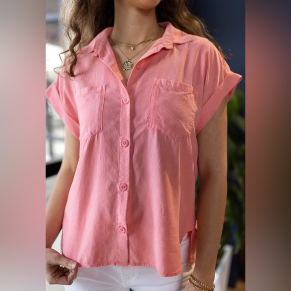 Bella Dahl Cap Sleeve Button Down shirt two pocket front Distressed hem top sz M - Picture 1 of 12